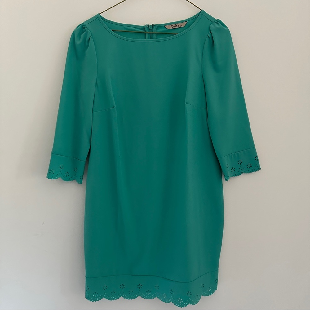 Boutique scalloped hem floral detail aqua blue dress